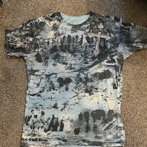 Affliction Men's Blue and Black Tie-Dye T-Shirt. Velvet wording rare and vintage